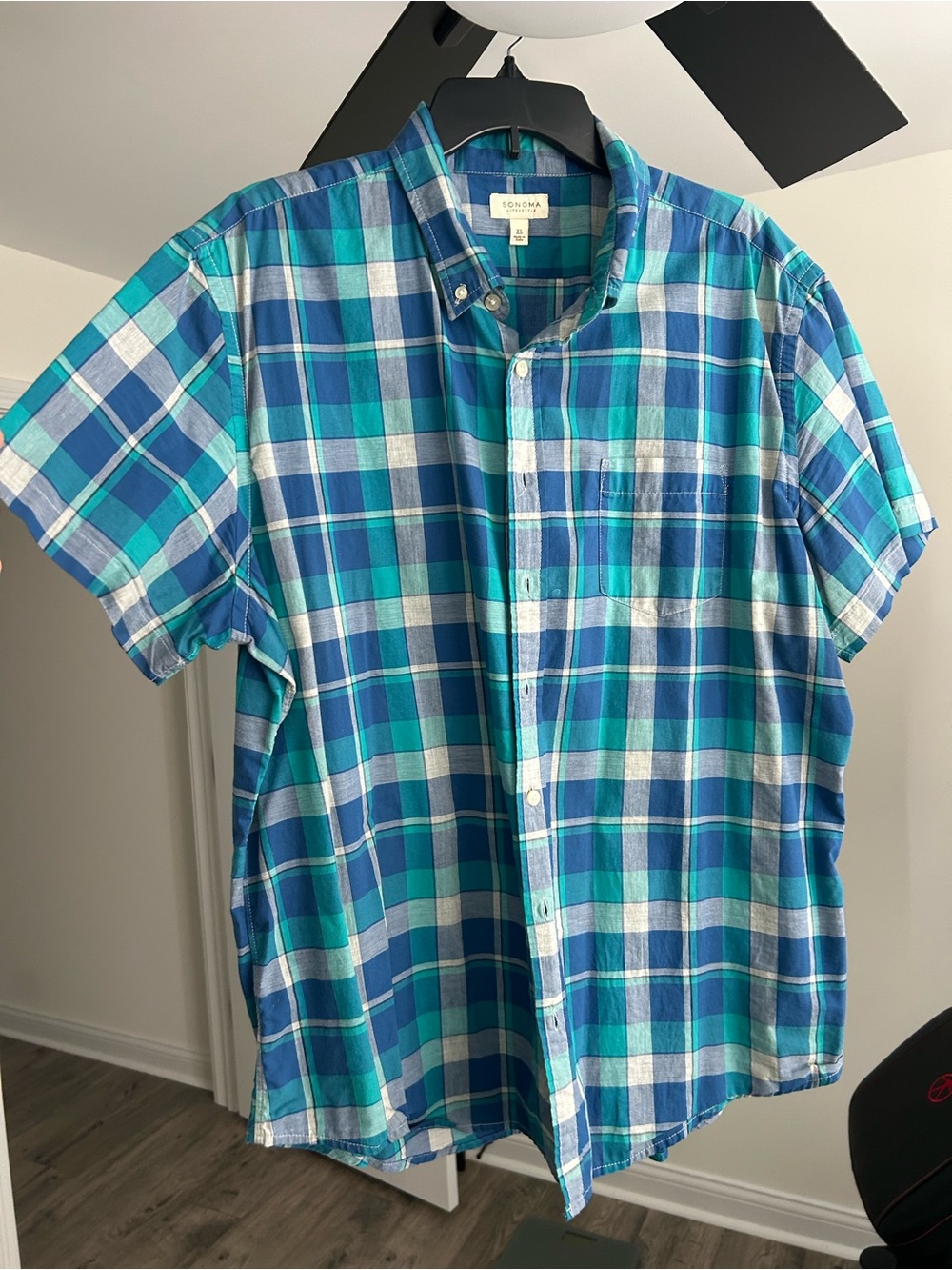 Sonoma Teal & Blue Plaid Short-Sleeve Button-Down Shirt